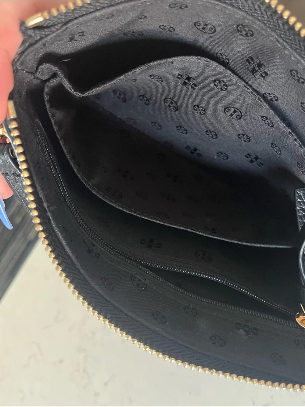Tory Burch Black Pebbled Leather Zip Wristlet with Gold Hardware